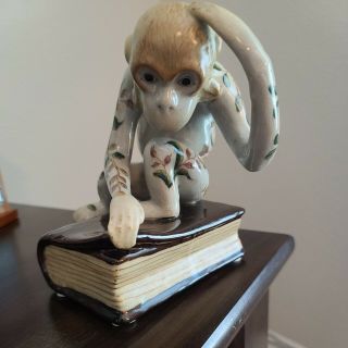 Darwin China Monkey On A Book Figurine Ceramic Porcelain Vintage.  Hand Painting