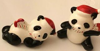 Vintage Lefton Christmas Panda Bear Porcelain Ceramic Figurines 2.  25”