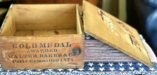 Antique Walter Baker Chocolate Wood Box W Lid Paris Expo Gold Medal Award 1875