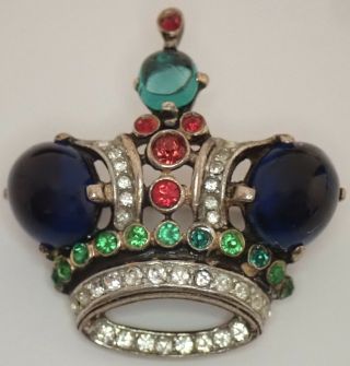 Vintage Trifari Sterling Silver Emerald Sapphire Ruby Rhinestone Crown Pin