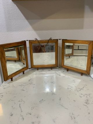 Antique Oak Leather Brass Tri Fold Travel / Vanity Folding Mirror Beveled Glass