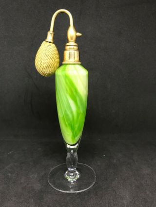 Vintage Green Mottled Swirl Glass Perfume Bottle With Atomizer - Germany