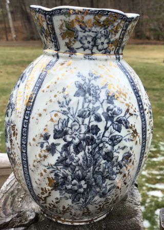 Antique 19th Century F.  Winkle & Co - English Blue Transferware Ribbed Vase 5 1/2”