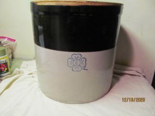 Vintage Stoneware 6 Gallon Crock Two Tone Brown White - Cobalt 4 Leaf Clover / 6