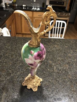 Antique Victorian Hand Painted Rose Flower Urn Ewer Vase