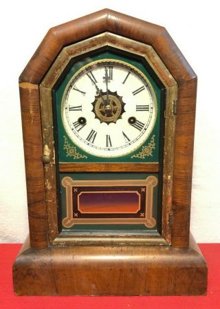 1868 Cottage Clock Wm Gilbert Wooden Veneer Case - Reverse Painted Glass -