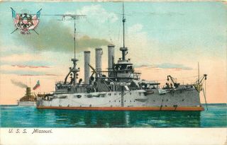 Us Navy Great White Fleet Uss Missouri Battleship Bb - 11 Old Postcard View