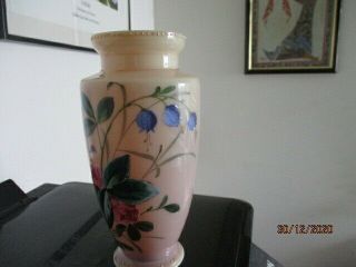 Antique Victorian Pink Tinged Opaline Vase - Enamel Hand Painted Floral 2