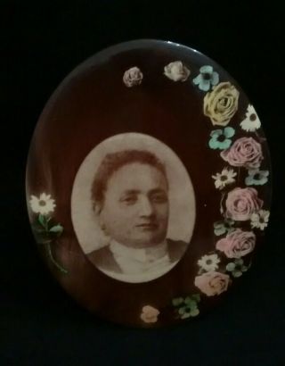 Large Antique Oval Photo Button Frame Unusual Bordered In Roses Print On Metal