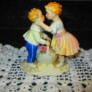 Karl Ens Volkstedt Porcelain German Figurine,  Girl & Boy First Kiss,  Cat Rescue