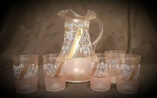 Antique Victorian Hand Painted Pitcher And Tumbler Set With Gold Gilt Detail