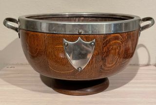 Antique English Silverplate & Tiger Oak Salad / Fruit Bowl With Handles & Shield