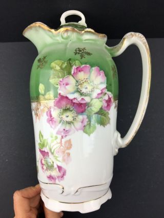 Antique Porcelain Chocolate Pot Green Pink Rose Floral Gold Trim Pitcher 10”
