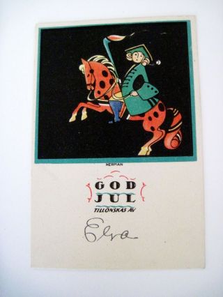 Vintage Swedish Postcard " God Jul " (merry Christmas) W/ Soldier On A Horse