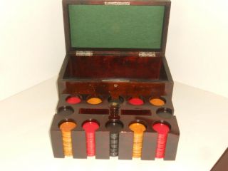 300 Vintage Bakelite Game Chips In Wood Rack And Wood Box 1 3/8 " 100 Ea.  Color
