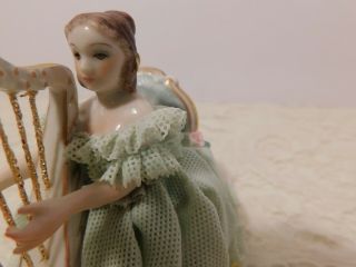 Stunning Muller Volkstedt Irish Dresden Figurine Porcelain Lace Lady - With Harp