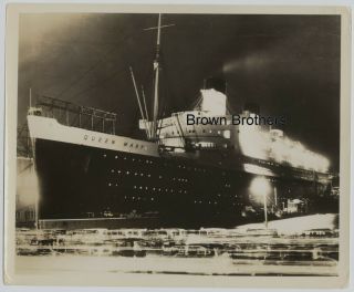 Vintage 1936 Rms Queen Mary Maiden Voyage Docked York Harbor At Night Photo