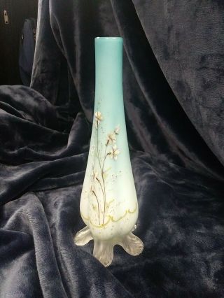 Antique Robin Egg Slender Blue Glass Hand Painted Flower Vase