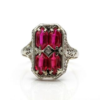 14k White Gold Vintage Filigree Diamond & Ruby Cocktail Ring Size 9.  25 1014b - 6