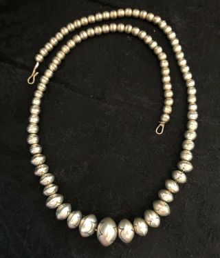 Long Vintage Navajo Sterling Silver Graduated Bench Bead Necklace
