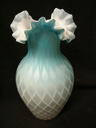 Antique Webb Diamond Quilted Blown Satin Art Glass Vase - Mother Of Pearl & Blue