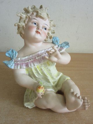 Antique German Heubach Porcelain Figurine Sitting Girl Holding Fruits 7.  5 "