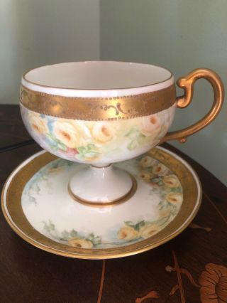 Willets Belleek Antique Footed Cup & Saucer Set Yellow Roses Gold Gilt Large