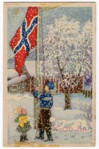 121520 Vintage Christmas Postcard Man And Girl Raising Norwegian Flag In Snow