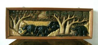 Vintage Hand Carved Wood Plaque Elephants 3d Wall Hanging 25 1/2 " X 9 " X 1 5/8 "
