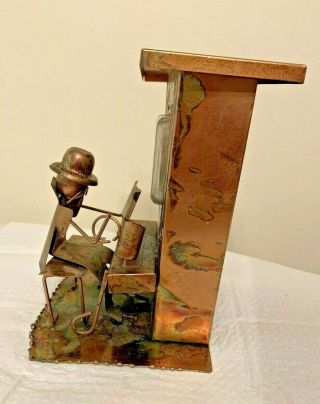 Vintage Copper Tin Art Sculpture Music Box Man Playing Piano 6 " Winds Up Plays