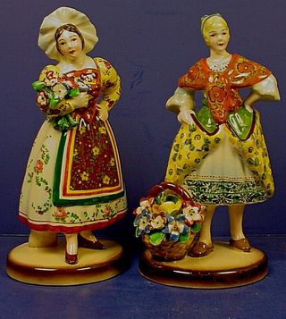 Pair Antique Italian Porcelain Figurines ‘swiss Women With Baskets Of Flowers’
