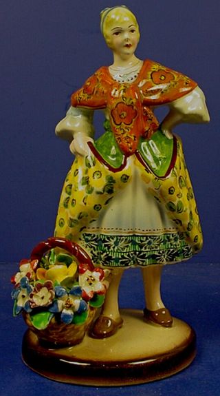 PAIR ANTIQUE ITALIAN PORCELAIN FIGURINES ‘SWISS WOMEN with BASKETS OF FLOWERS’ 2