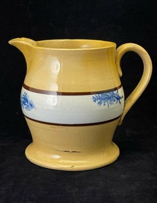 Early Antique Yellow Ware Pitcher Blue Seaweed Mocha