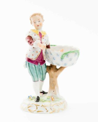Antique Dresden Hand Painted Porcelain Figurine Man With Basket Tub Flowers Boy