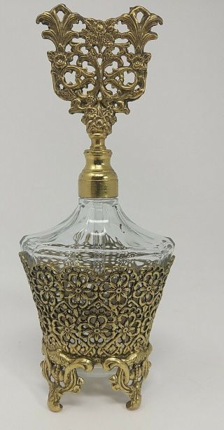 7.  5 " Vintage Antique 24k Gold Plated Filigree Perfume Glass Bottle & Dabber