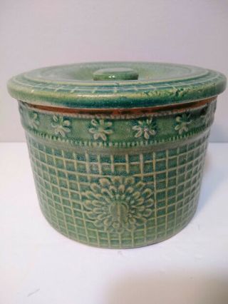 Rare Vintage Green Glaze Daisy Stoneware Butter Crock W/ Charming Lid