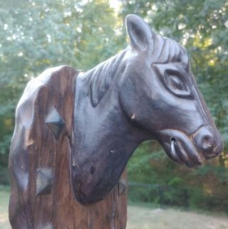 Vintage Large Wood Hand Carved Horse Head Spain Plaque Horseshoe Studs