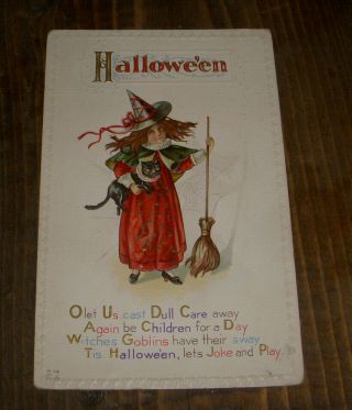 Vintage Halloween Post Card Witch/ Black Cat & Broom