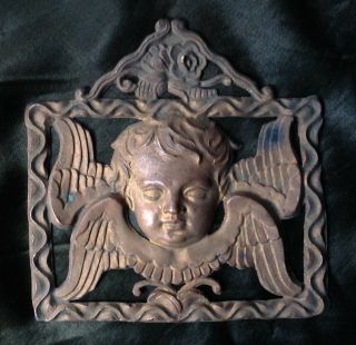 Rare Antique 19th Century Spanish Brass Angel Putti Plaque Picture Ex Voto