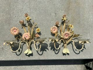 2 Vintage Painted Flowers Metal Wall Candle Holder