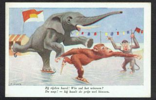R Goris Artist Signed Old Postcard Anthropomorphic Elephant & Monkey Skating