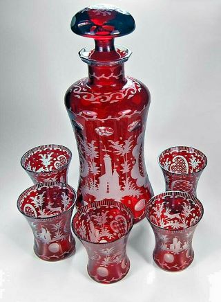 Antique Bohemian Engraved Ruby Glass Decanter & 5 Glasses Deer Castle Forest