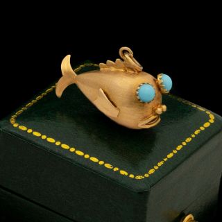Antique Vintage Deco Retro 18k Gold Persian Turquoise Figural Fish Charm Pendant