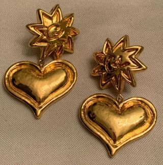 Vintage Christian Lacroix Runway Statement Gold Tone Dangle Heart Earrings