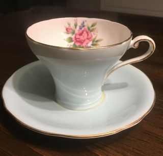 Aynsley Corset Shape Tea Cup And Saucer Pastel Blue Pink Rose Bone China Vintage