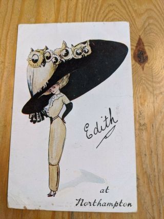 Vintage Northampton Postcard Owls Edith