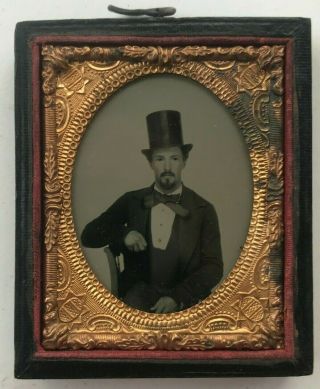 Handsome Gentleman Wearing Top Hat By Rodgers 1/9 Plate Ambrotype C.  1860 Photo