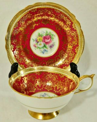 Paragon Queen Mary Red & 24k Gold Floral Fine Bone China Tea Cup & Saucer Set
