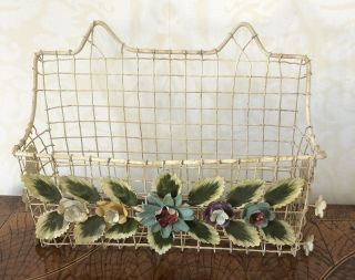Vintage Italian Tole Wire Wall Pocket Mail Basket - Leaves Flowers
