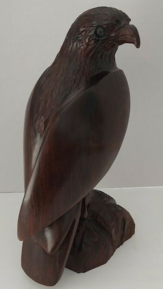 Wood Carved Eagle Statue Figure Brown Sculpture Solid Wood Walnut Vintage